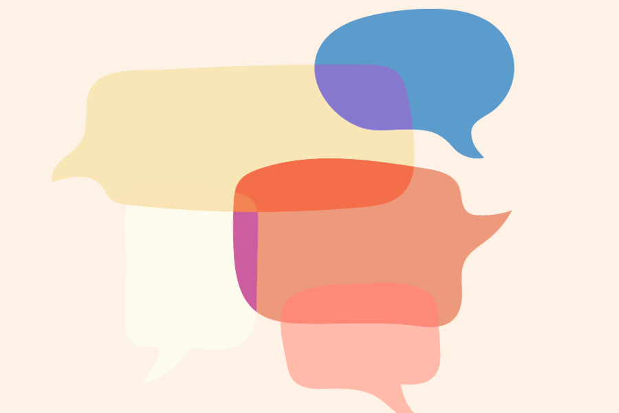 Graphic of overlapping thought bubbles in yellow, orange, blue, red and pink.