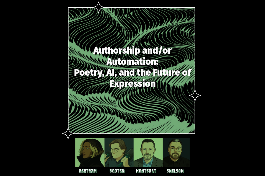 Title of event in white font within a black box containing green swirls; and each speaker's headshot stylized to look like they are in a graphic novel.