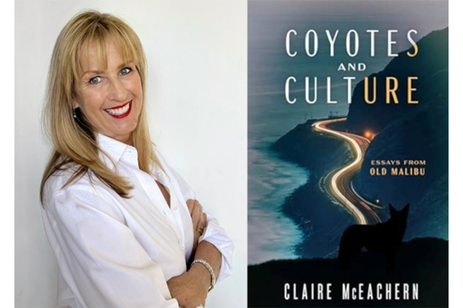 Photo of author alongside the cover of their book.