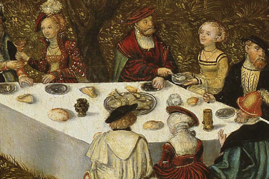 Medieval scene of a banquet.