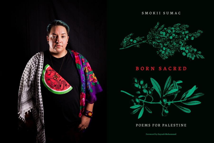 Photo of author alongside the cover of their book.