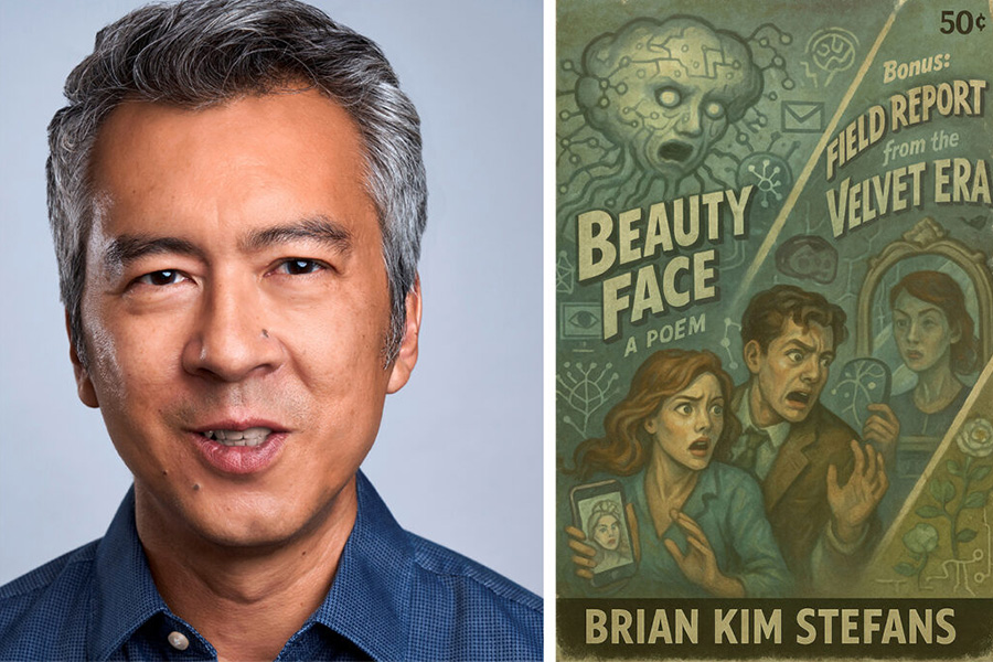 Photo of Stefans alongside image of book cover.
