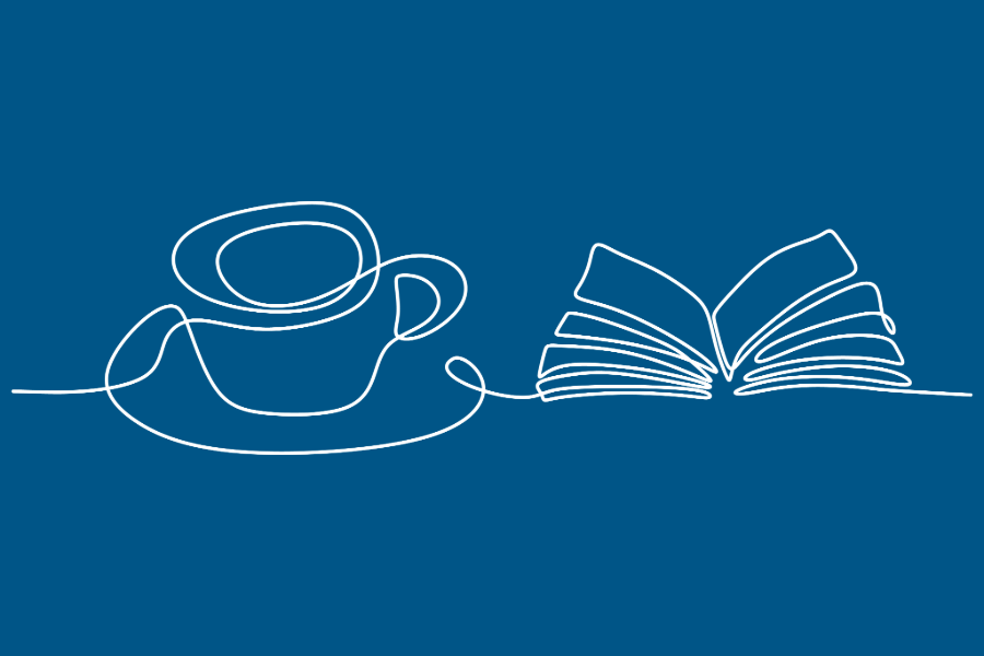 Swirled sketch in white of a cup and book against a blue background.