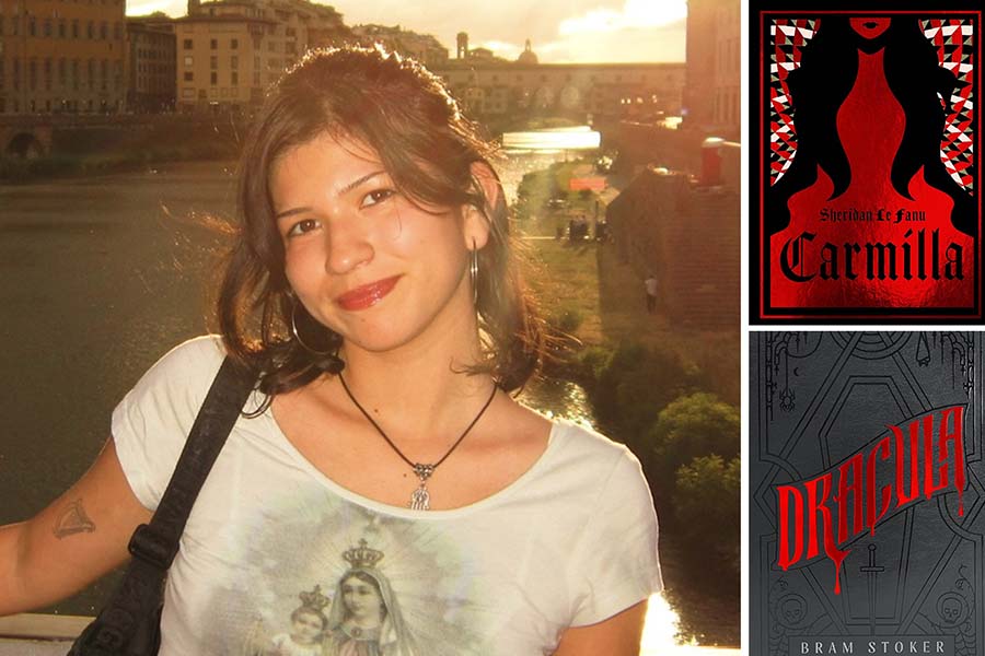 Shirley Cruz pictured along with the book covers for Sheridan Le Fanu’s 'Carmilla' and Bram Stoker’s ‘Dracula’.