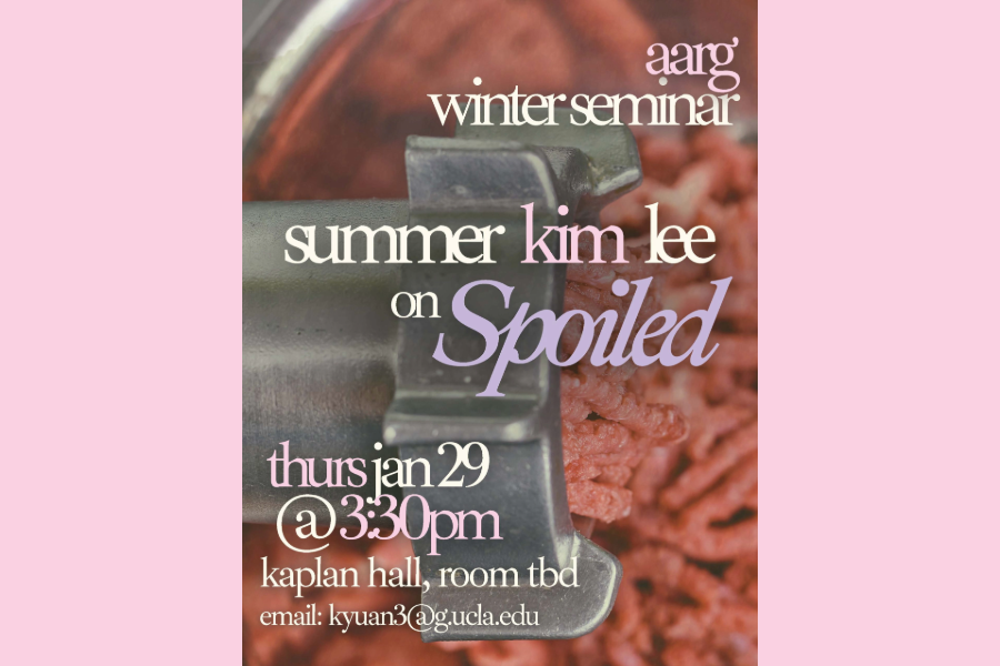 Meat grinder against text stating title of event, Summer Kim Lee on Spoiled.