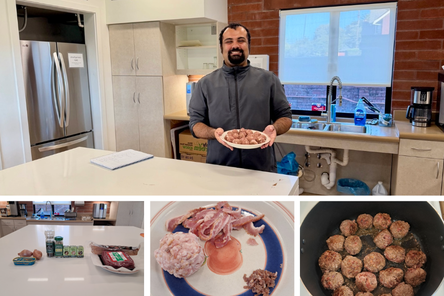 Photo collage top to bottom: Rosales holding a plate of meatballs in Clark's kitchen; ingredients used in meatball recipe; formed meatballs on plate; and photo of meatballs cooking in pan on stove.