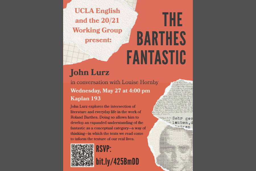 Informational flyer with text describing event with newspaper imagery and a typographic image of Roland Barthes.