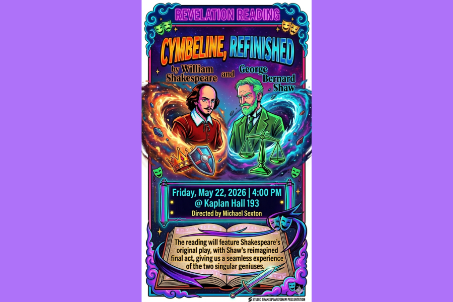 Graphic of Shakespeare and George Bernard Shaw each within their own galaxy, floating above a scroll detailing the event.