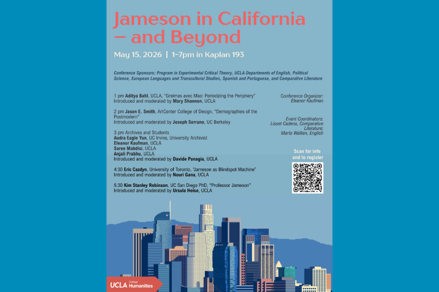 Image of downtown Los Angeles and text of event schedule.