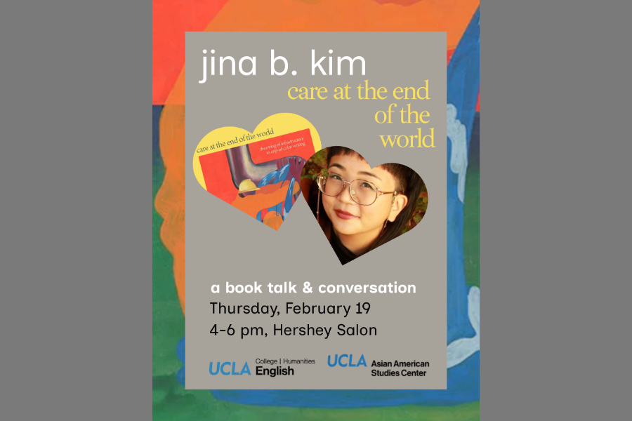 Informational flyer with Jina B. Kim and book cover pictured within hearts.