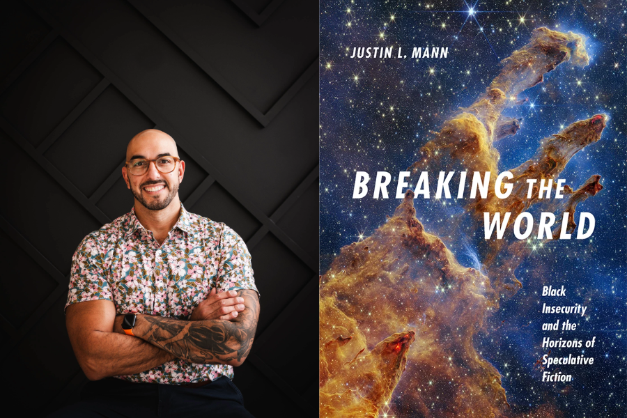 Justin L. Mann seated at left, at right is an image of Mann's book cover.