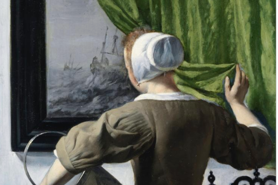 Image of maid opening curtain to reveal a painting of a naval scene.