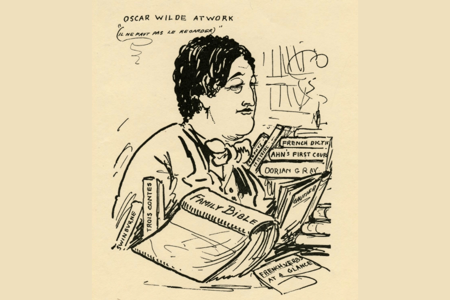 Graphic of Oscar Wilde surrounded by his penned books.