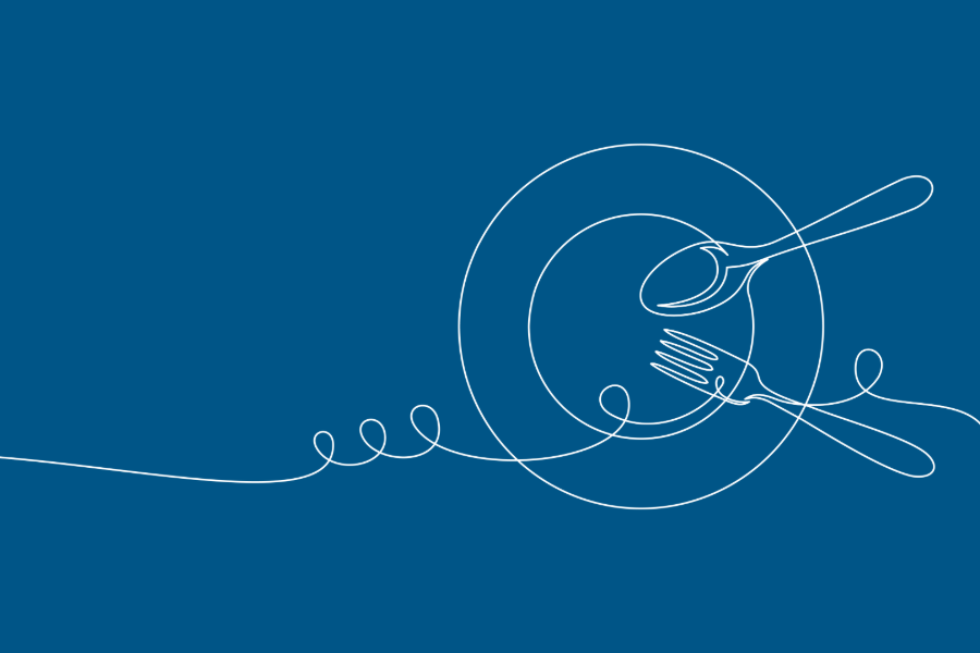 White outlined graphic of plate, fork and spoon against a blue background.