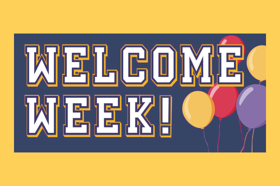 Text stating "Welcome Week" along with red, purple and gold balloons.