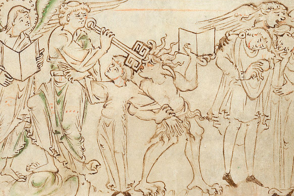 A depiction of the Last Judgement produced around 1031 in Winchester, taking place as a battle of books, with an angel and a demon both wielding their own.